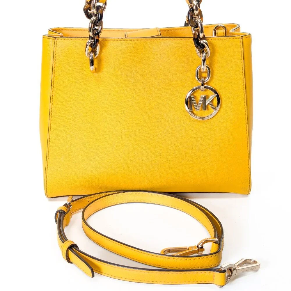 MK MICHAEL KORS Saffiano Leather Satchel Shoulder Strap Bag Yellow - Picture 3 of 16